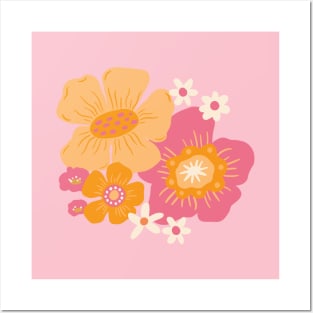 Groovy 60s Floral - Sunset Pink Posters and Art